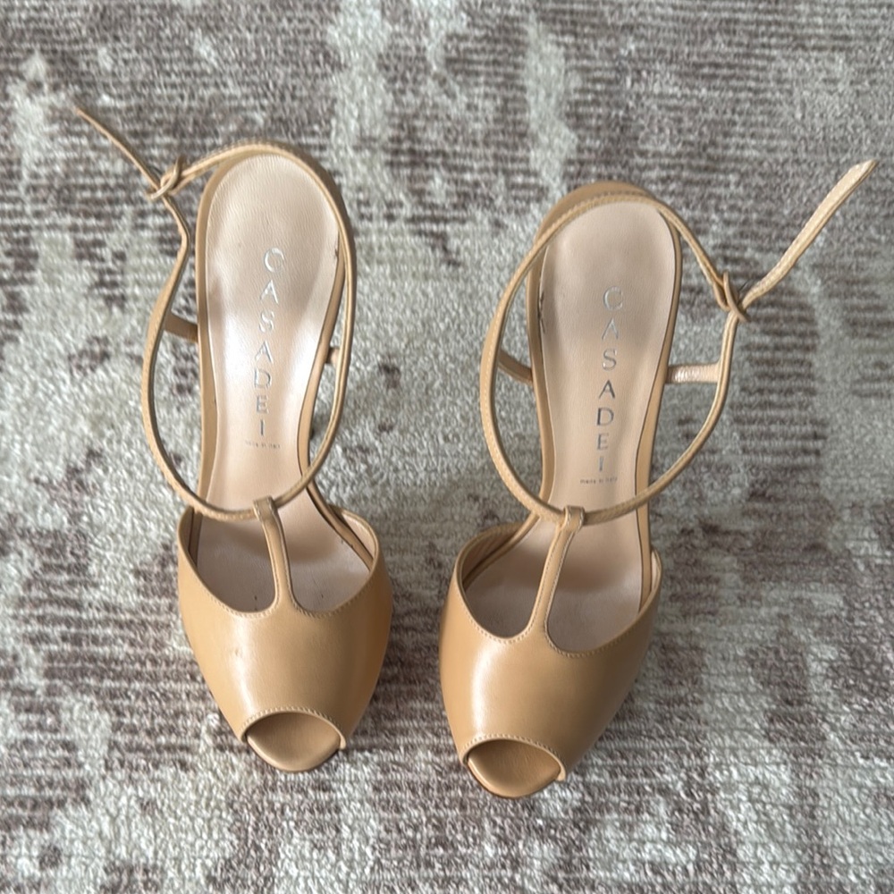 Casadei Tan Heels Peep-Toe Slingback